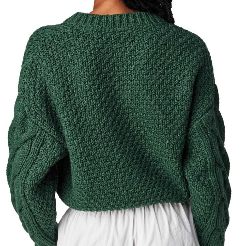 Free People Bonfire Cable Knit Cardigan Green Crop Oversized Cozycore - Picture 4 of 6